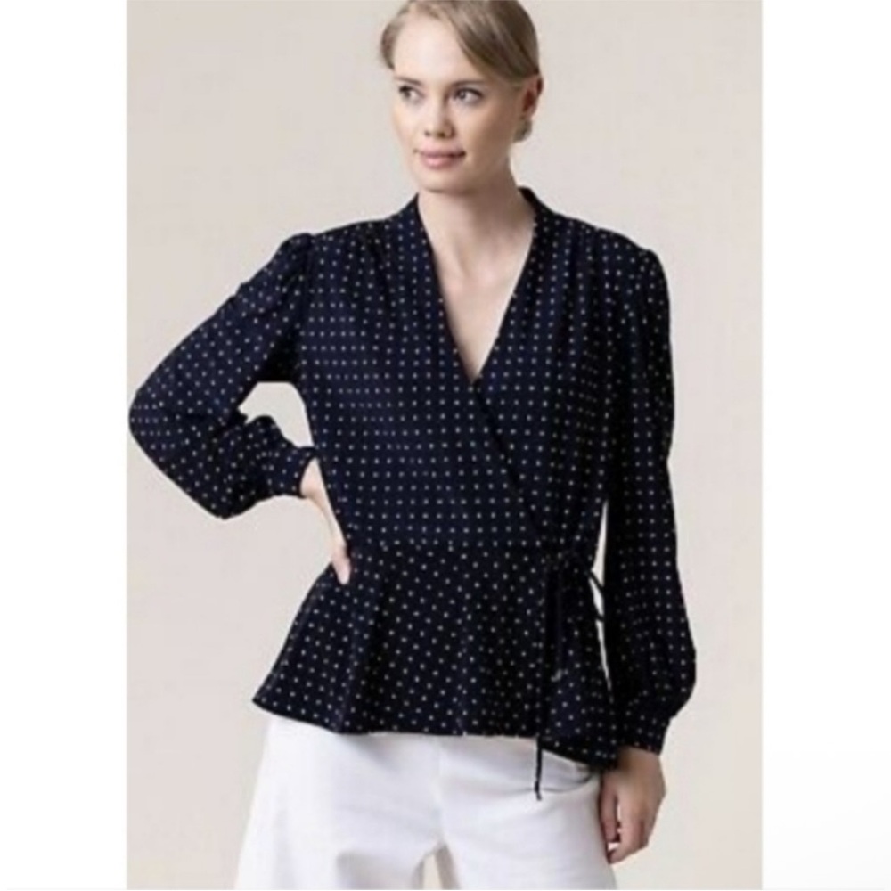 Lauren Ralph Lauren Wrap Top Jersey Stretch Polka Dot Sleeve Blouse size medium